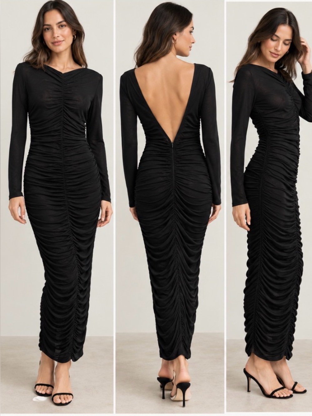 Reformation Black Ruched Long Sleeve Open Back Maxi Dress Size S